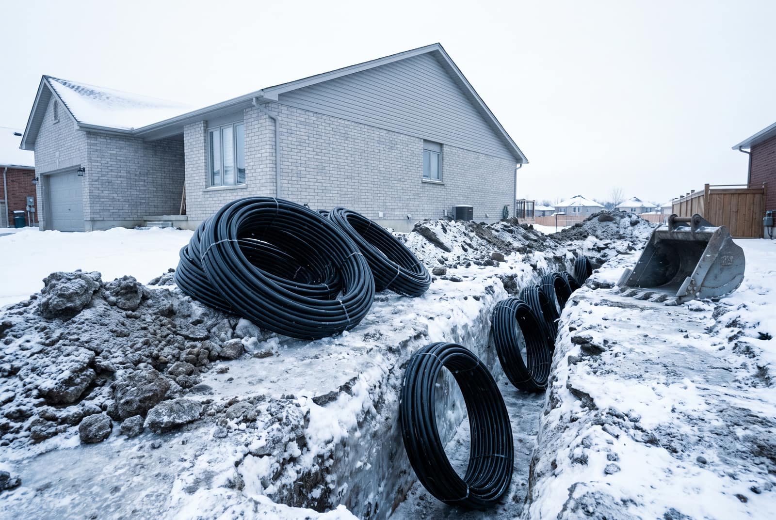 An open trench cut across a frozen back yard behind a pale grey brick bungalow during a geothermal ground loop installation, with large coils of black ground loop pipe stacked along the excavated soil and an excavator bucket resting at the far end.