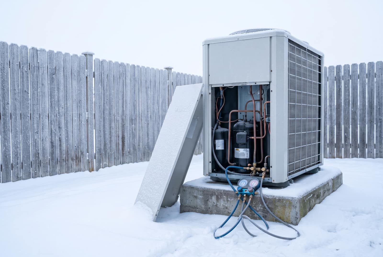 An outdoor heat pump unit on a snow covered concrete pad with its side service panel removed and leaning against the pad, exposing the compressor and copper refrigerant lines, and a refrigerant gauge manifold connected to the service ports with its hoses lying on the snow.