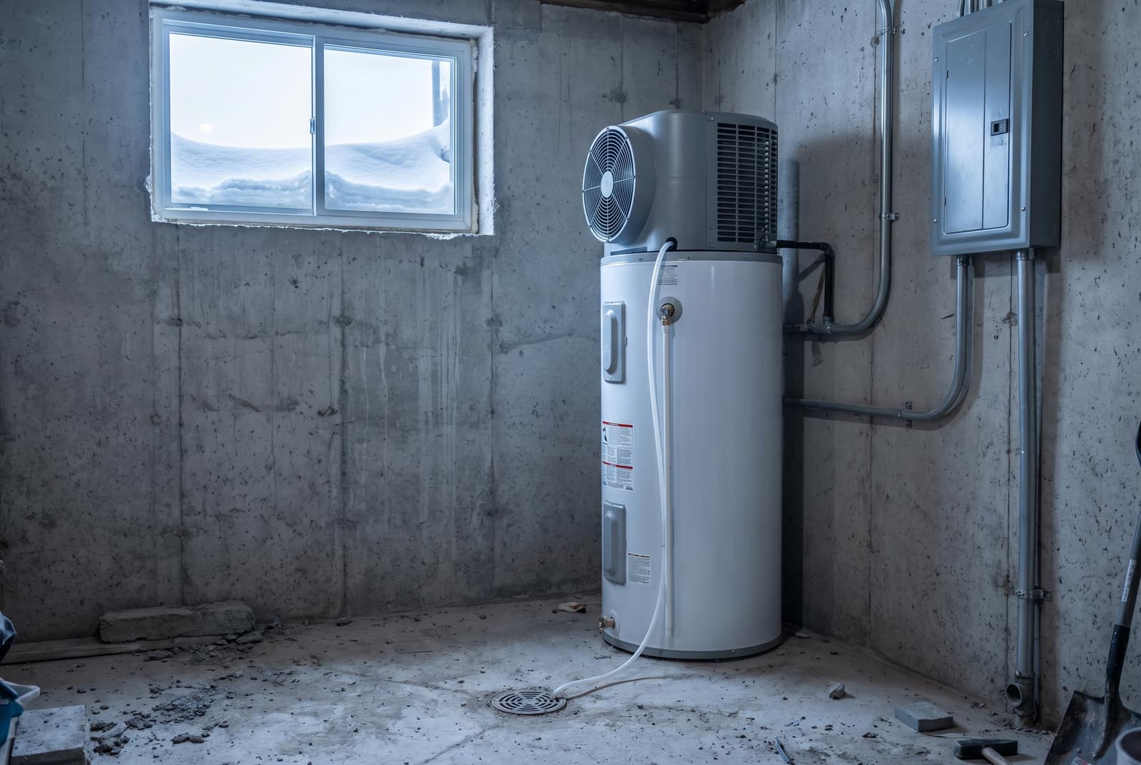A tall white hybrid heat pump water heater standing against a bare concrete basement wall with its fan and compressor unit on top, a condensate line running down to a floor drain in the slab, conduit running to a grey breaker panel, and snow banked outside the small basement window.