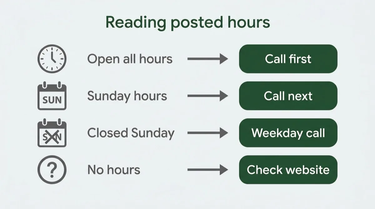 Flow diagram sorting a repair listing by its posted hours: open all hours means call first, Sunday hours means call next, closed Sunday means wait for a weekday, no hours means check the website.