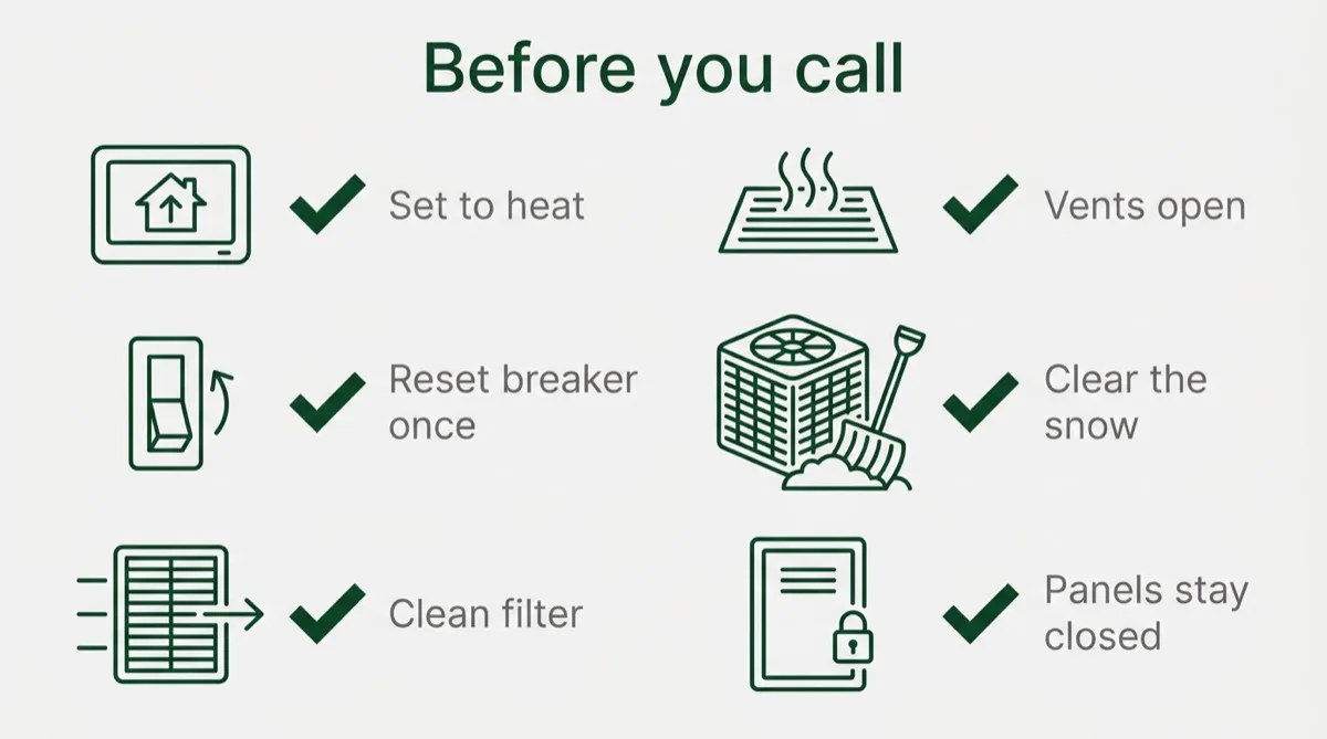 Checklist diagram of safe checks before a repair call: thermostat set to heat, breaker reset once, filter clean, vents open, snow cleared from the outdoor unit, panels left closed.