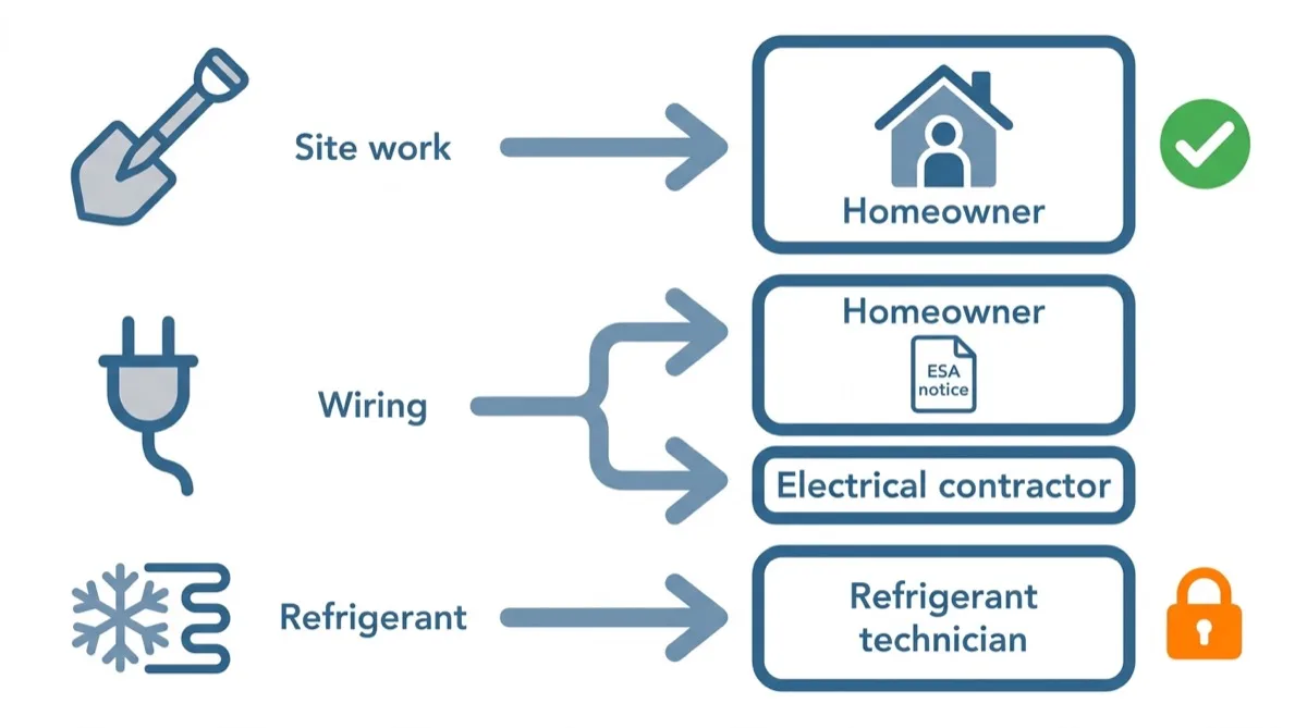 A three-row diagram: site work goes to the homeowner, wiring goes to the homeowner with an ESA notification or to an electrical contractor, and refrigerant work goes only to a refrigerant technician.