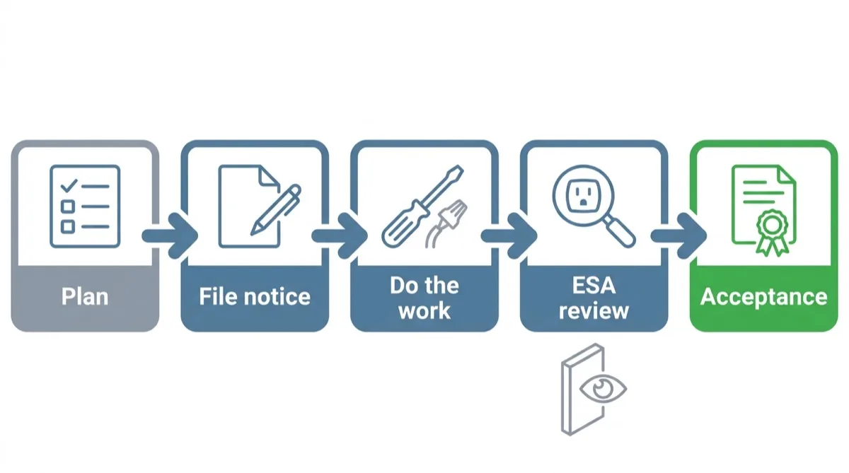 A left-to-right flow diagram of the ESA do-it-yourself route: plan the work, file a notification, do the work, ESA review, then a Certificate of Acceptance.