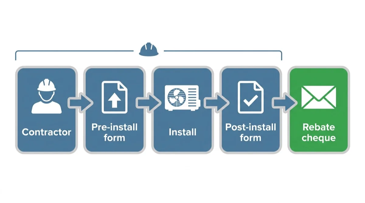 A single-row flow diagram of the provincial heat pump program steps: a participating contractor, the form filed before the install, the install, the form filed after it, then the rebate cheque.