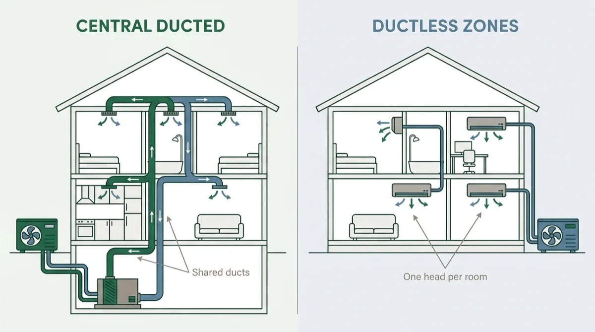 Side by side cutaway comparison of a house served by central ducted air conditioning and the same house served by a three zone ductless system with a head in each room.