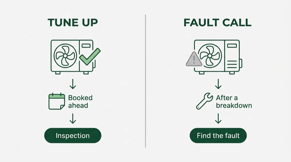 Side by side diagram contrasting a tune-up, booked while the system works and ending in an inspection and performance test, with a fault call, booked after a breakdown and ending in finding the failed part.