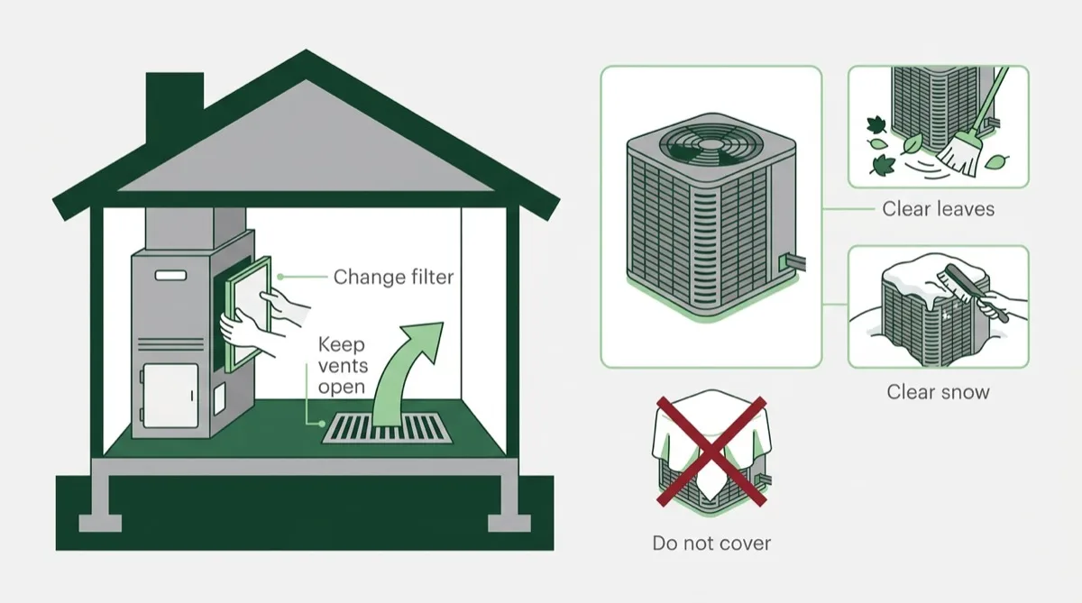 Diagram of the homeowner's jobs between service visits: changing the indoor filter, keeping vents open, clearing leaves from the outdoor unit in fall and clearing snow from it in winter, with a crossed-out cover showing the unit should not be wrapped.