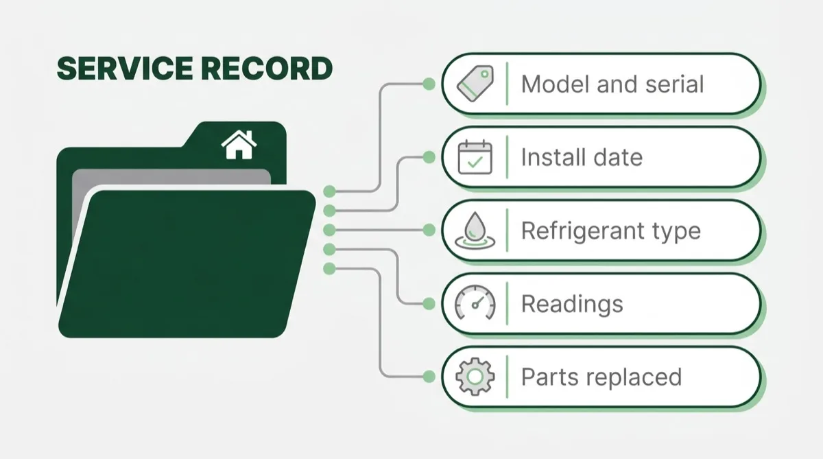 Diagram of a homeowner's service record folder holding five kinds of entry: model and serial, install date, refrigerant type, readings and parts replaced.