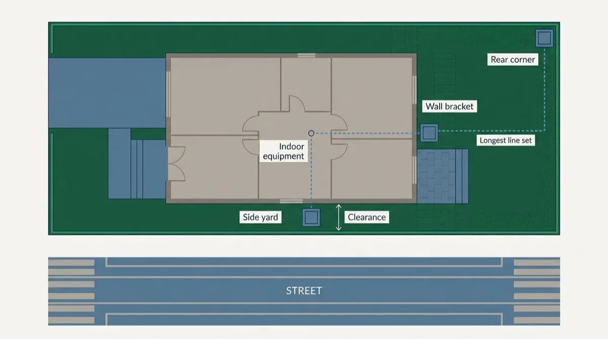 Overhead site plan of a narrow city lot showing three candidate positions for the outdoor unit, in the side yard, at the rear corner and on a wall bracket, with the refrigerant run from each back to the indoor equipment.