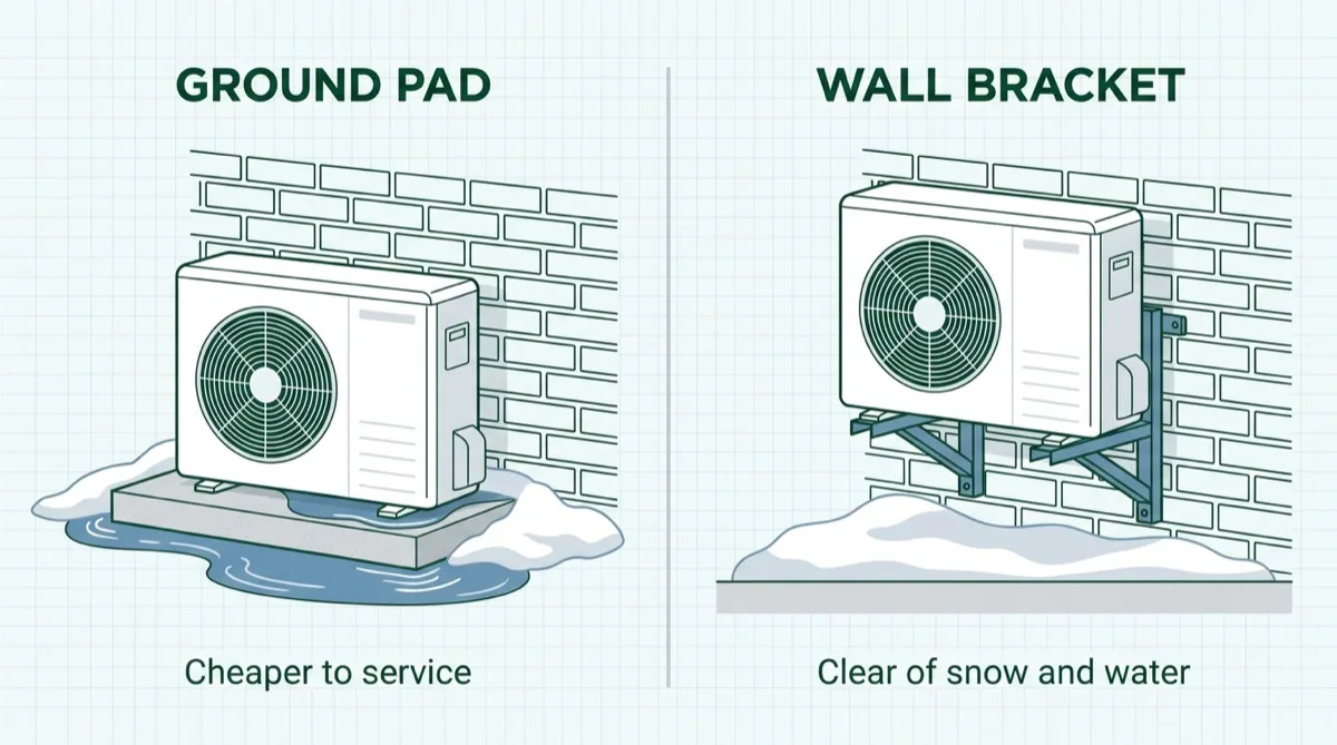 Side by side comparison of an outdoor unit set on a ground pad and the same unit hung on wall brackets, with snow and standing water shown at ground level.