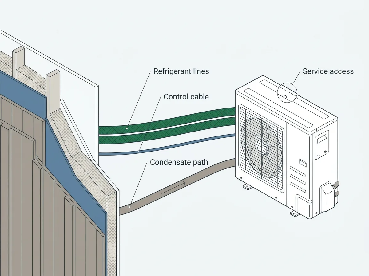 Diagram of what runs between the outdoor unit and the house: paired refrigerant lines, a control cable and a condensate path, each labelled.