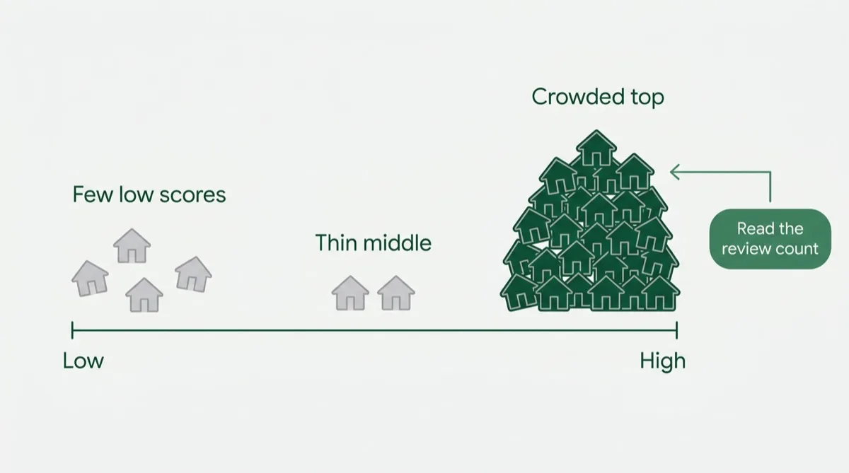 Diagram of a rating scale where almost all companies are bunched at the top end, labelled crowded top, a thin middle and a few low scores, with a note to read the review count next.