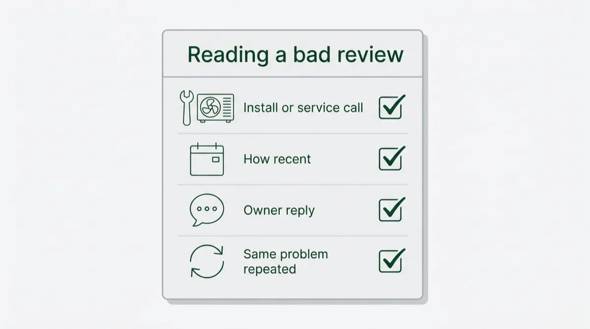 Checklist diagram for reading a one-star review, with four checks: install or service call, how recent, owner reply, and whether the same problem repeats.