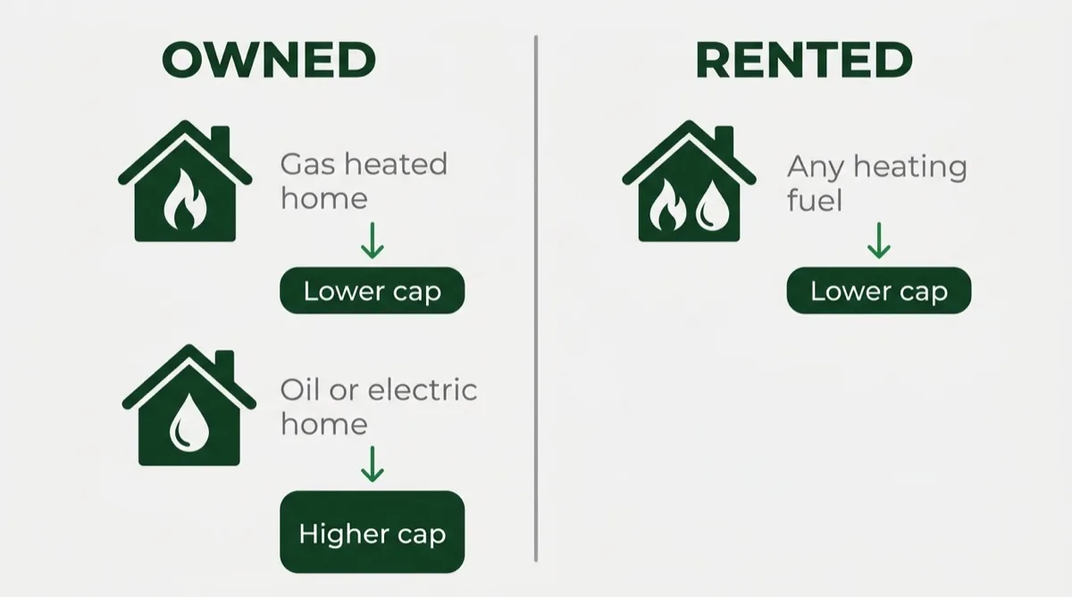 Two-column diagram. Under Owned, a gas heated home leads to a lower cap and an oil or electric home leads to a higher cap. Under Rented, any heating fuel leads to the lower cap.