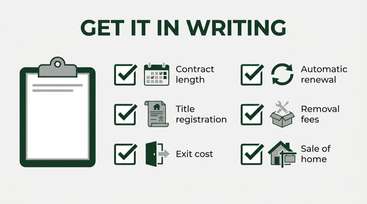 Checklist headed Get it in writing, with six ticked items: contract length, title registration, exit cost, automatic renewal, removal fees and sale of home.