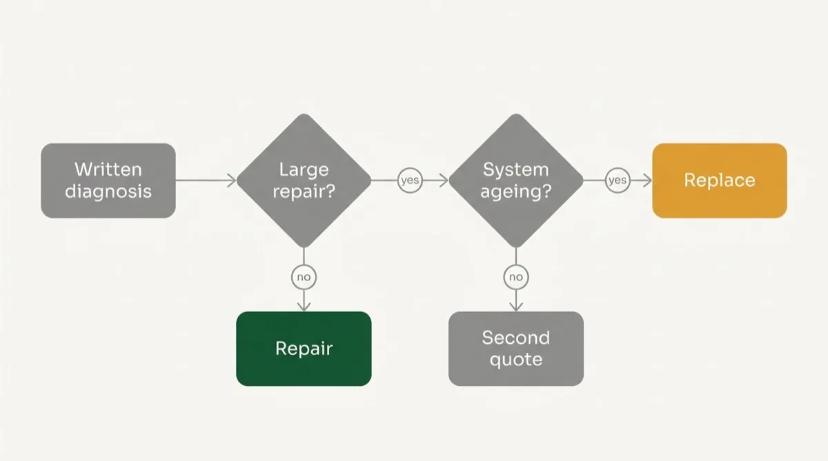 Decision flow diagram running from a written diagnosis through the size of the repair quote and the age of the system to either repairing, getting a second quote, or replacing.