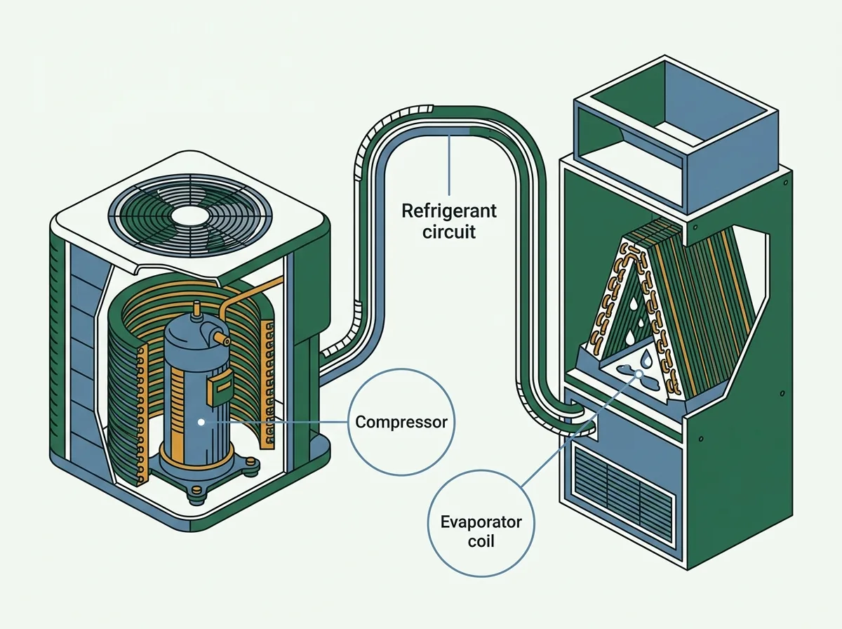 Cutaway diagram of a heat pump showing where the compressor sits in the outdoor unit and where the evaporator coil sits on the indoor side, the two components expensive enough to compete with a whole system.
