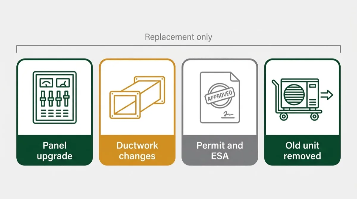Diagram of the four line items that appear only on a replacement quote and never on a repair invoice: an electrical panel upgrade, ductwork modifications, permits with an ESA inspection, and removal of the old equipment.