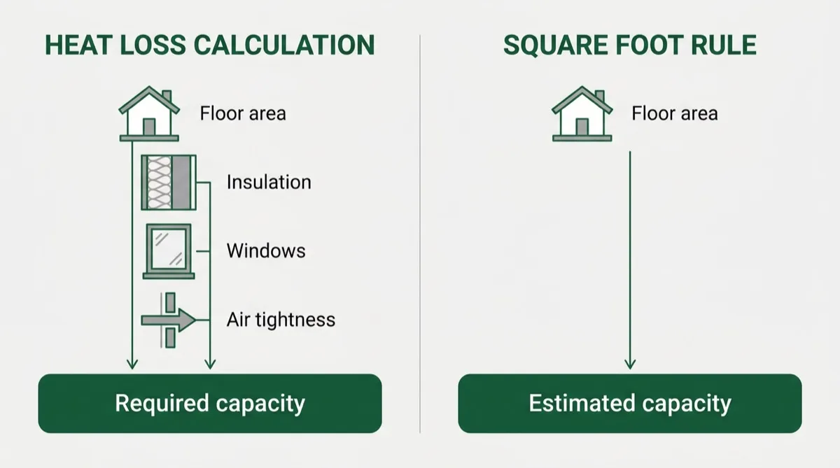 Diagram contrasting a heat loss calculation, which takes floor area, insulation, windows and air tightness as inputs, with a square foot rule that takes floor area only.