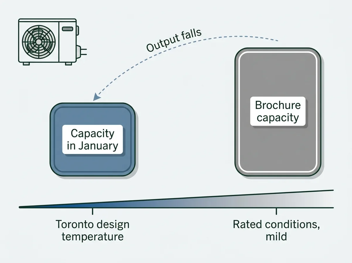 Diagram showing that a heat pump's rated output is measured in mild conditions while a Toronto design temperature is far colder, so a single rated number does not describe winter output.