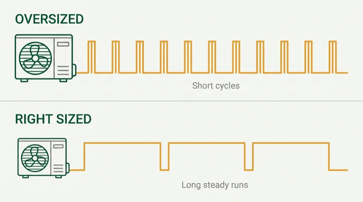 Comparison diagram of an oversized heat pump running in short bursts against a correctly sized unit running in long steady cycles.