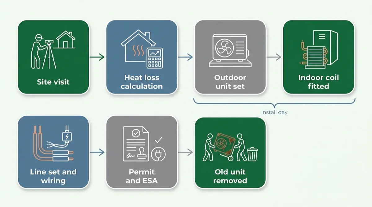 Process flow diagram of the seven stages of a heat pump installation in order, from the site visit and heat loss calculation through equipment, line set, electrical work, permit and inspection, to removal of the old equipment.