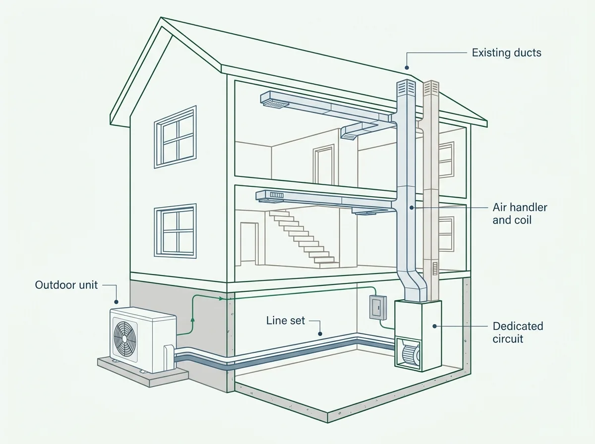 Cutaway diagram of a house showing the outdoor heat pump unit, the refrigerant line set passing through the wall, the indoor air handler and coil, and the duct runs leaving it.