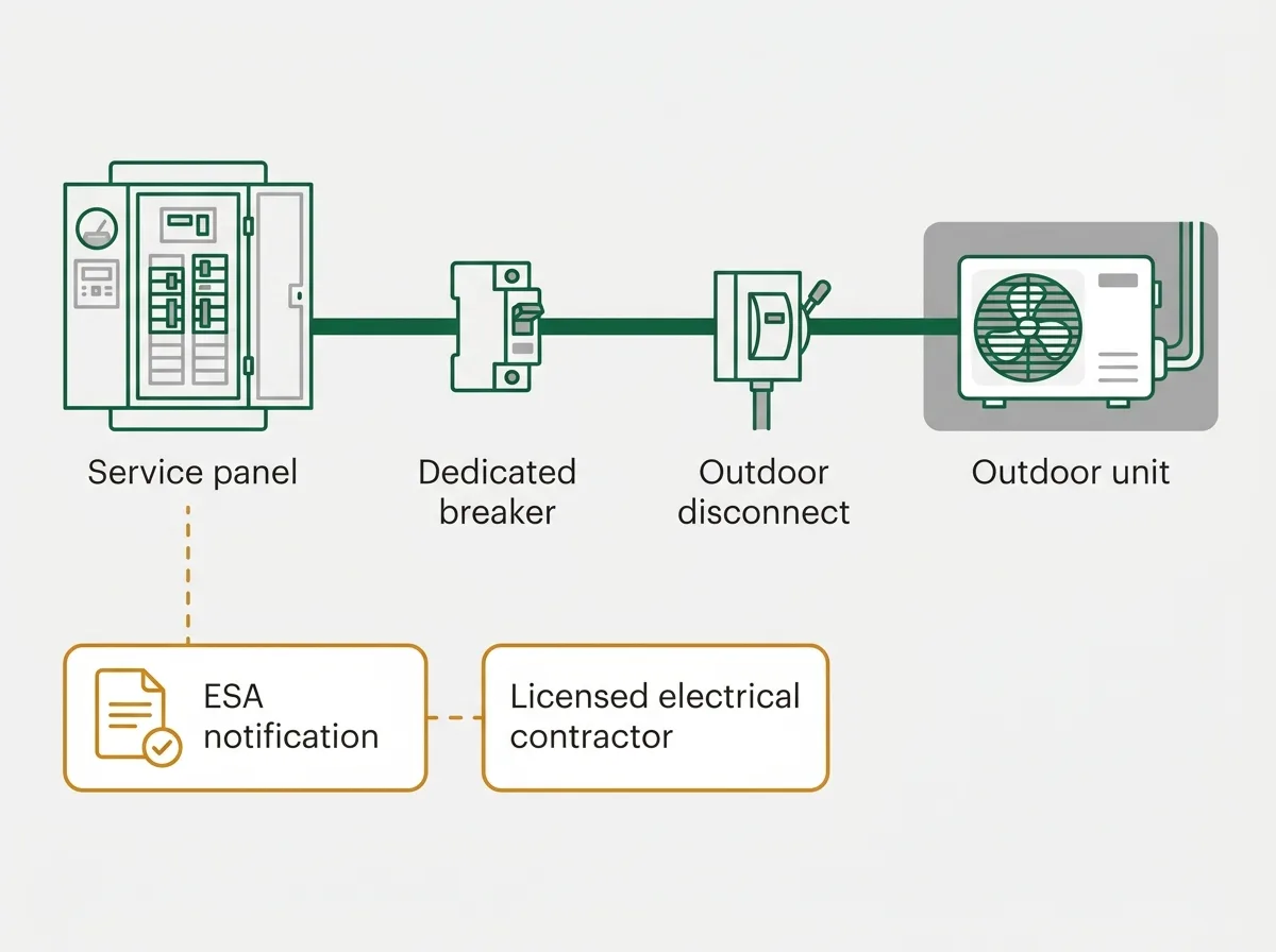 Diagram of the electrical path for a heat pump, running from the service panel through a dedicated breaker and circuit to an outdoor disconnect switch and the outdoor unit, with the ESA notification marked as a separate step.